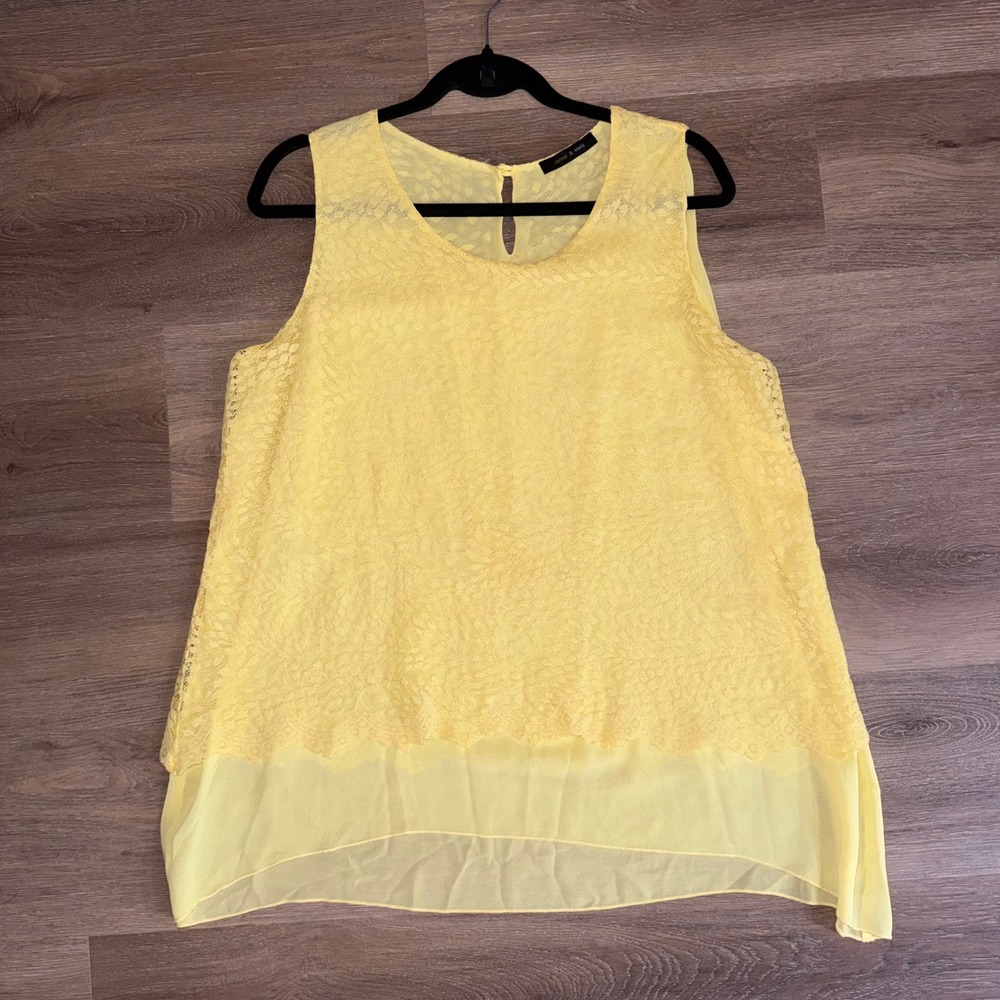 Jennie & Marlis Sleeveless Blouse Yellow Top Lace Chiffon Layered Women XL Flowy